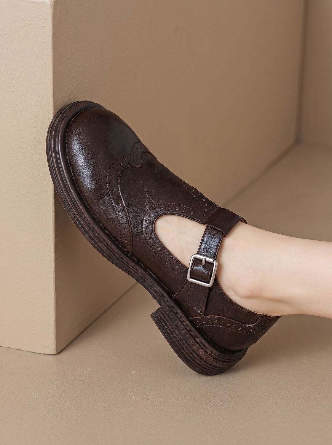 Women's Wingtip T-Bar Buckle Flats with Cushioned Footbed - Dark Brown