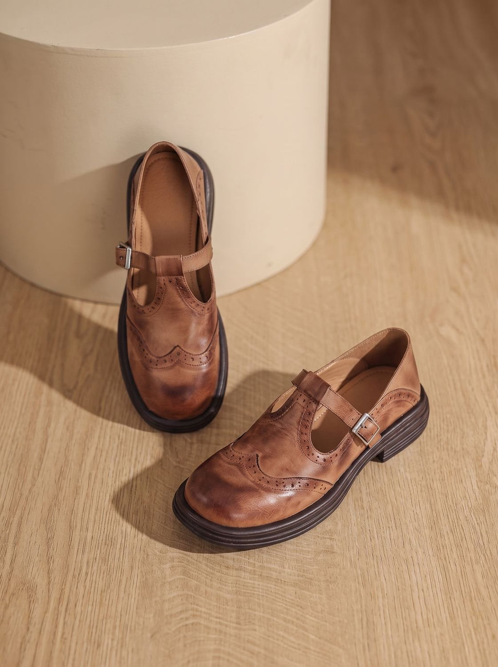 Women's Wingtip T-Bar Buckle Flats with Cushioned Footbed