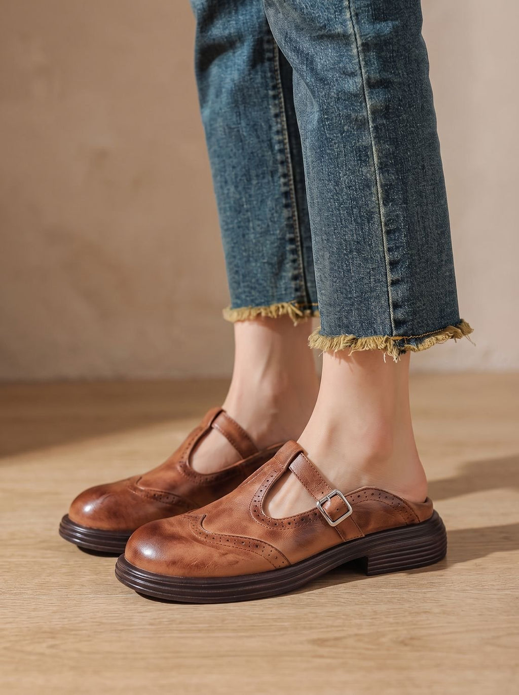 Women's Wingtip T-Bar Buckle Flats with Cushioned Footbed