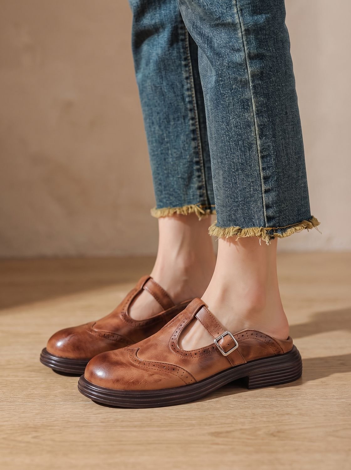 Women's Wingtip T-Bar Buckle Flats with Cushioned Footbed
