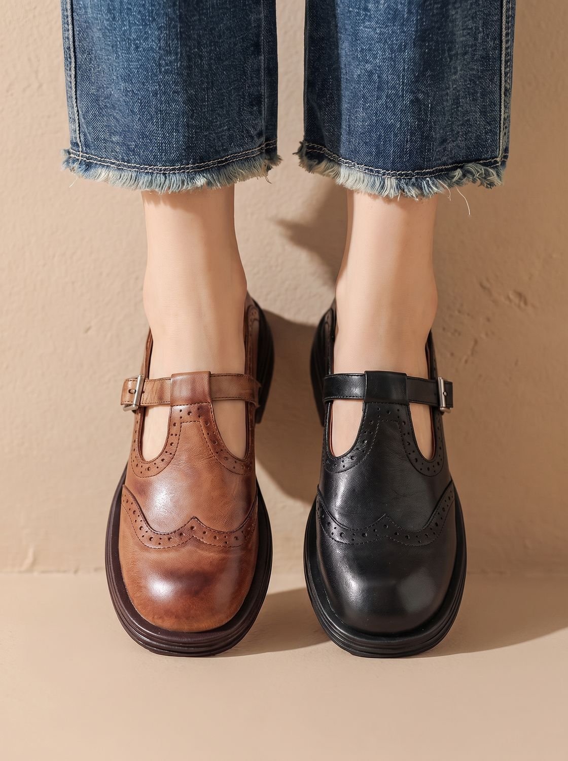 Women's Wingtip T-Bar Buckle Flats with Cushioned Footbed