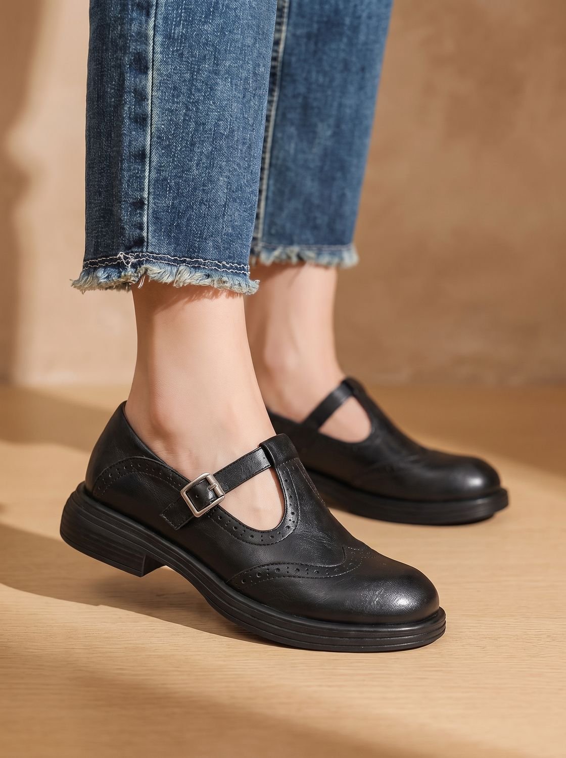 Women's Wingtip T-Bar Buckle Flats with Cushioned Footbed