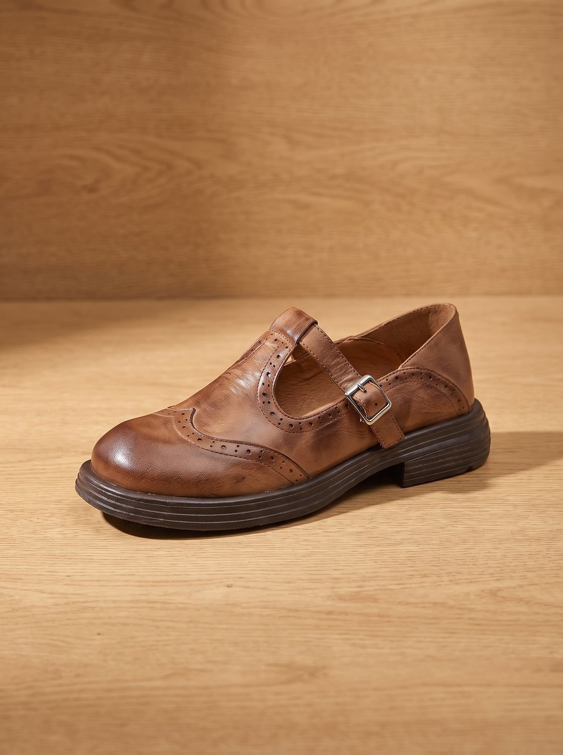 Women's Wingtip T-Bar Buckle Flats with Cushioned Footbed - Brown