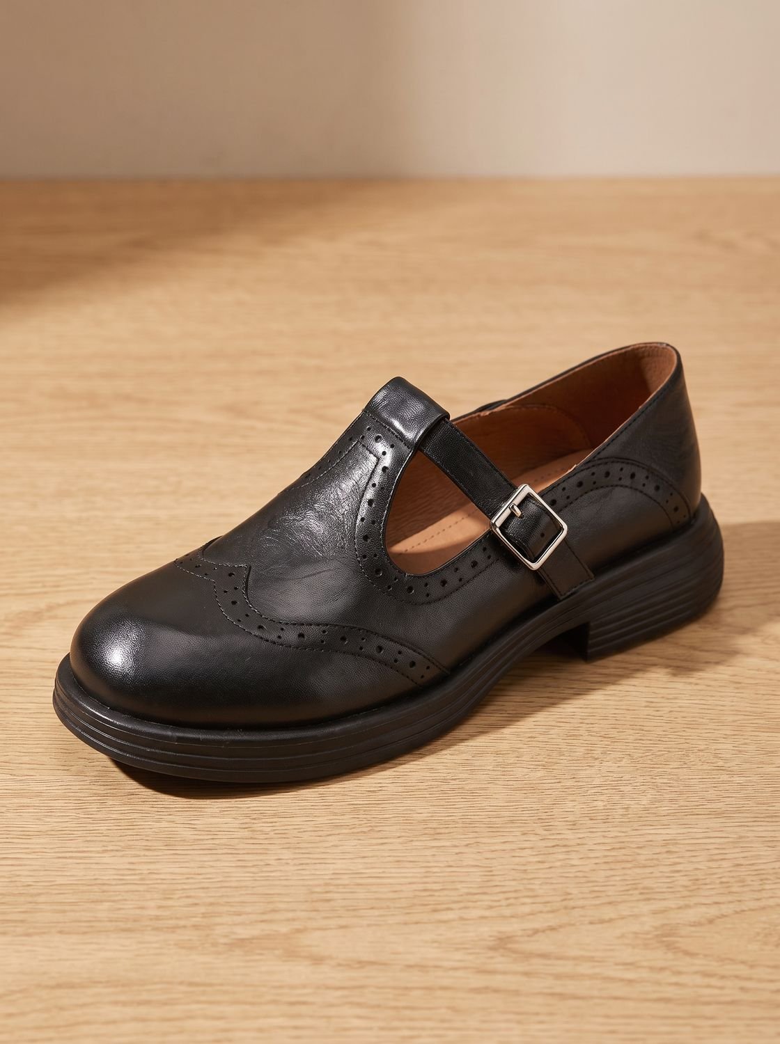 Women's Wingtip T-Bar Buckle Flats with Cushioned Footbed - Black