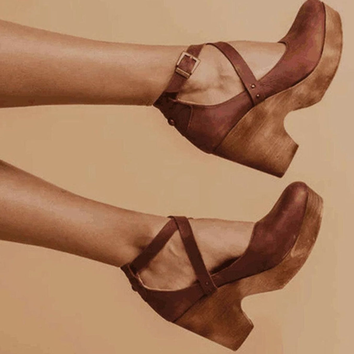 Women's Wood-Effect Block Heel Criss-Cross Mary Janes