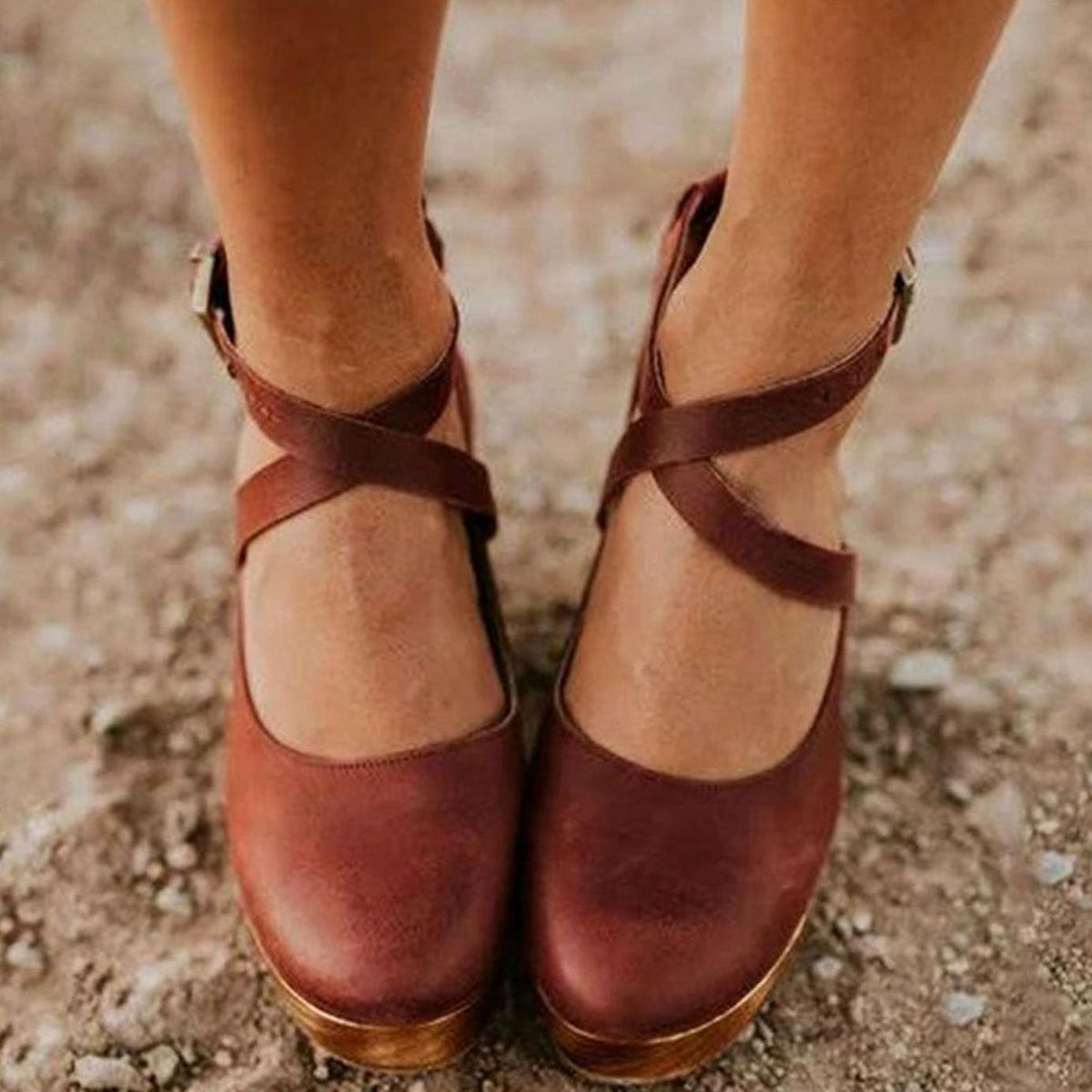 Women's Wood-Effect Block Heel Criss-Cross Mary Janes - Brown