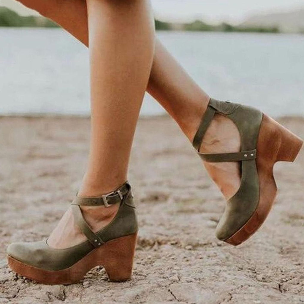 Women's Wood-Effect Block Heel Criss-Cross Mary Janes