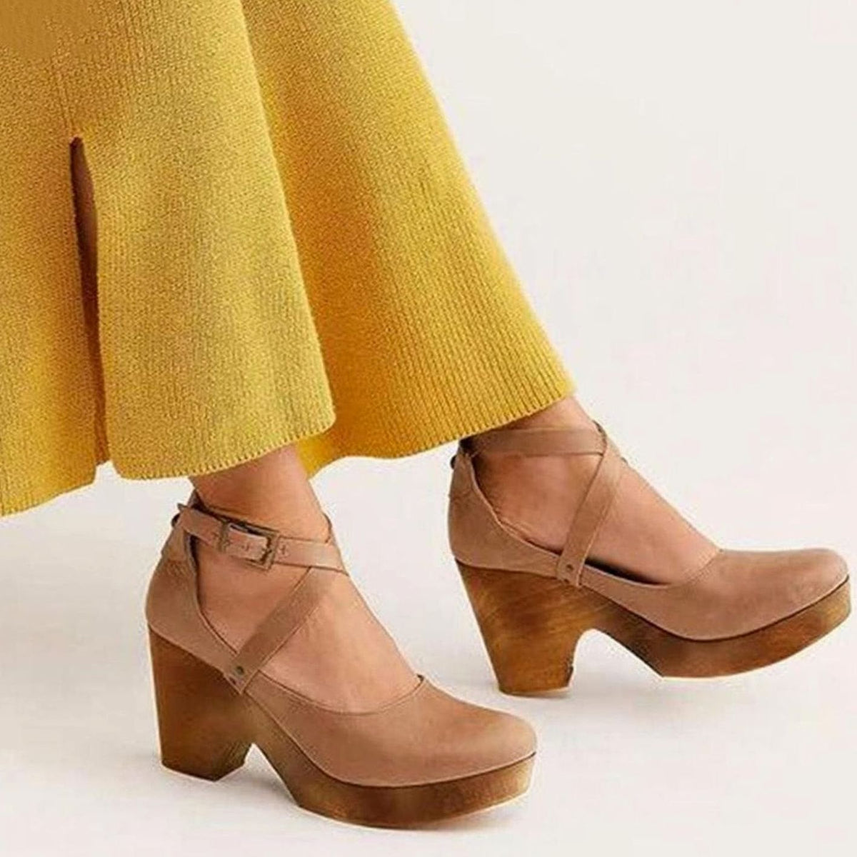 Women's Wood-Effect Block Heel Criss-Cross Mary Janes - Khaki