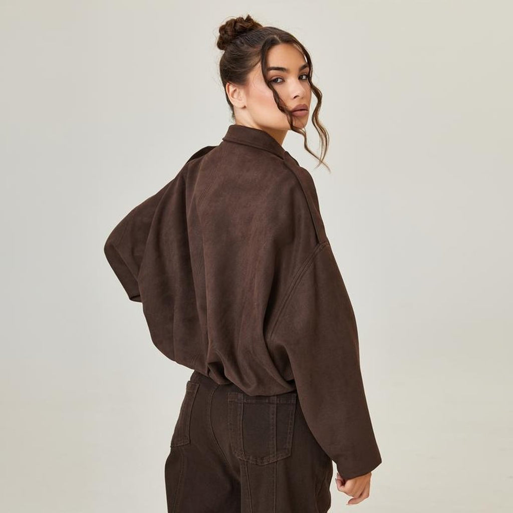Women's Vintage-Inspired Oversized Faux Suede Bomber Jacket