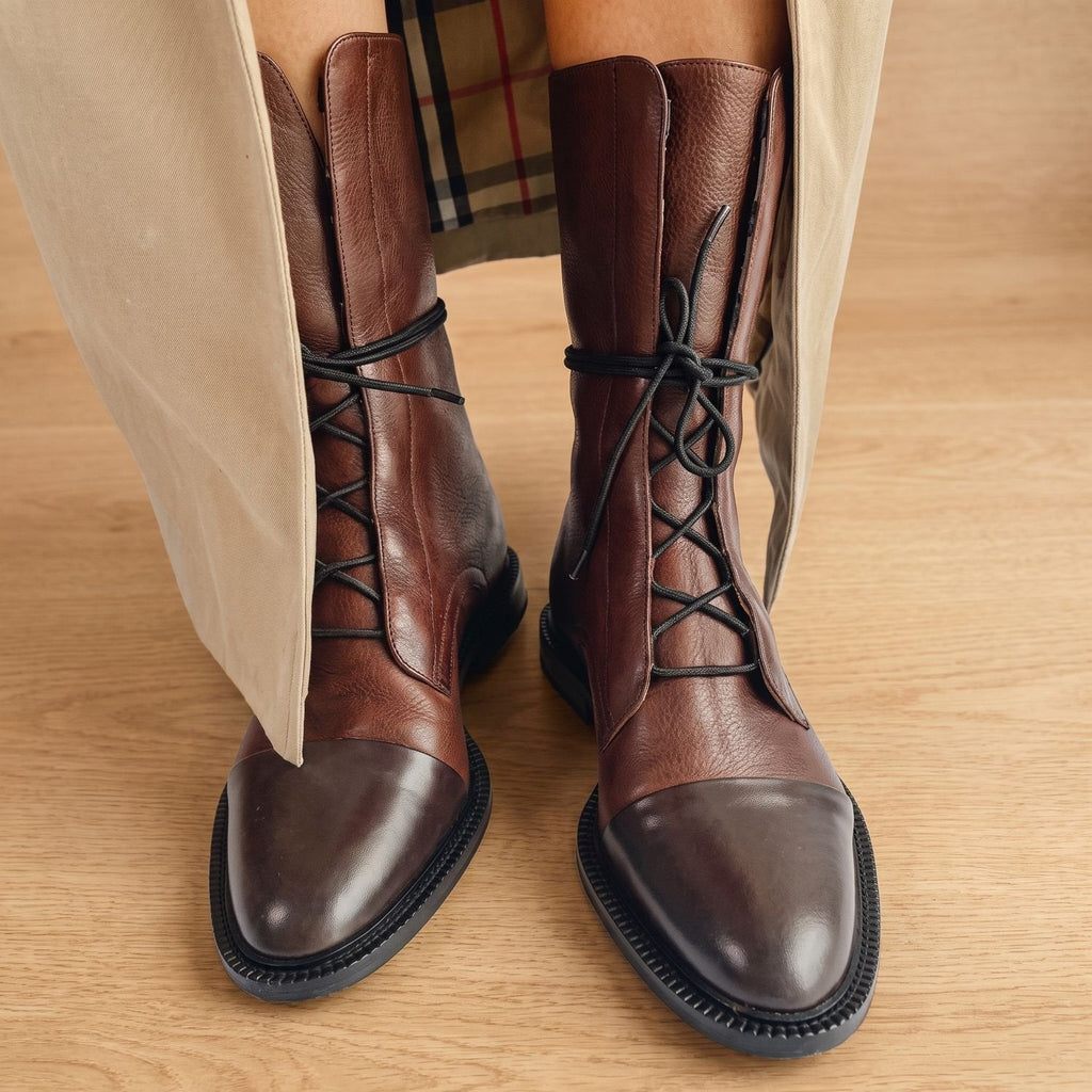 Women's Non-Slip Faux Leather Lace-Up Booties with Cap Toe - Brown