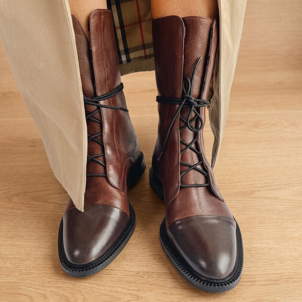 Women's Non-Slip Faux Leather Lace-Up Booties with Cap Toe - Brown