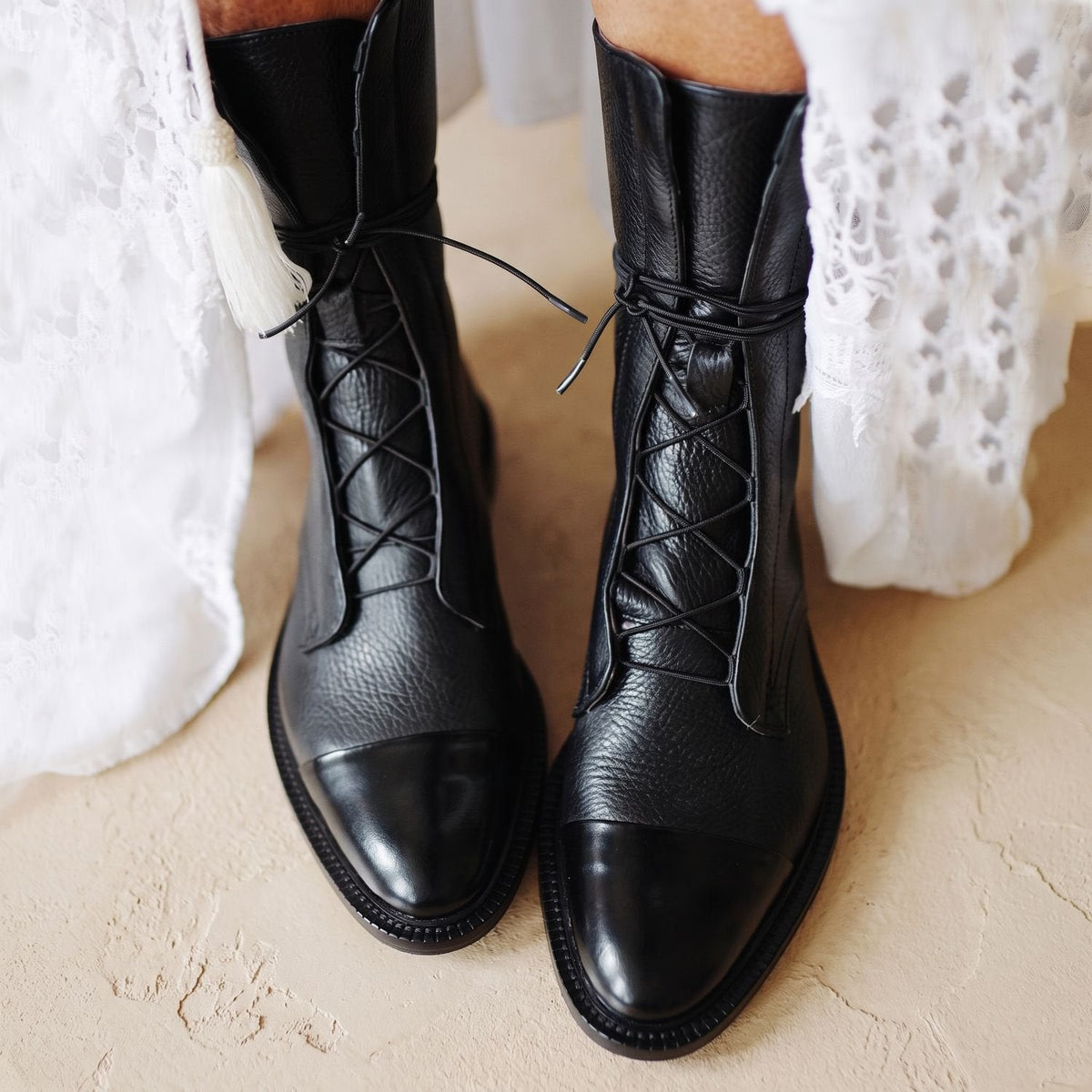 Women's Non-Slip Faux Leather Lace-Up Booties with Cap Toe - Black