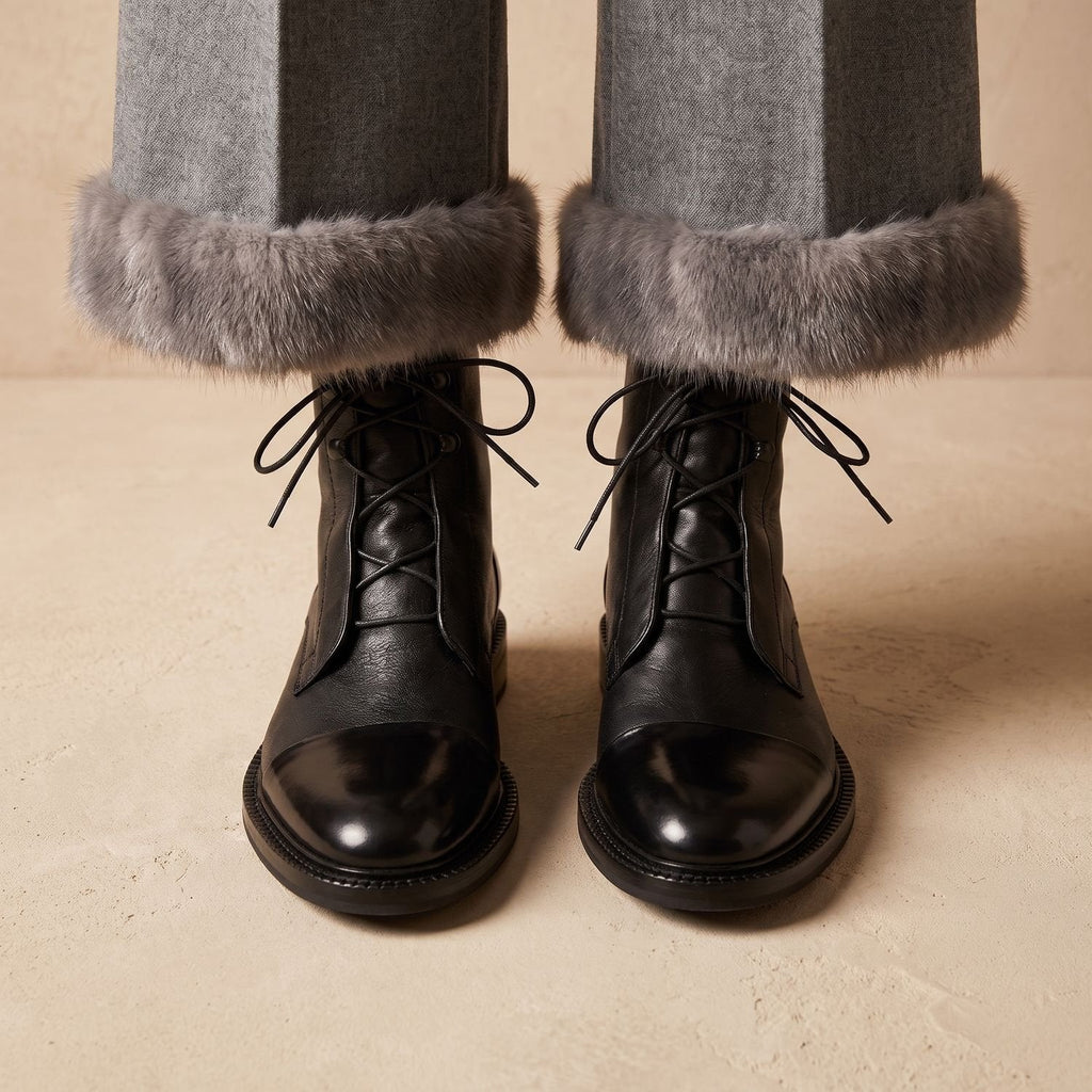 Women's Non-Slip Faux Leather Lace-Up Booties with Cap Toe