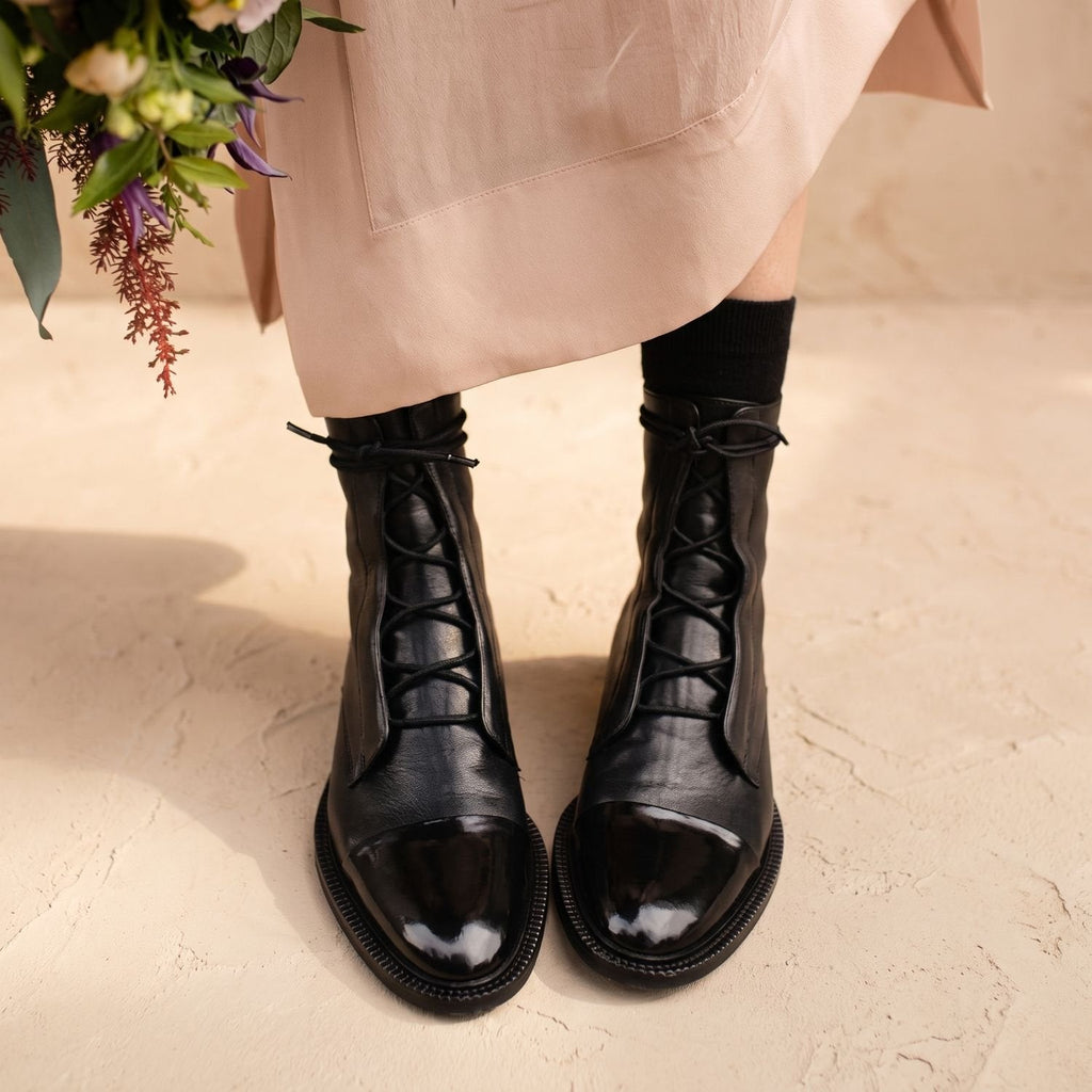 Women's Non-Slip Faux Leather Lace-Up Booties with Cap Toe