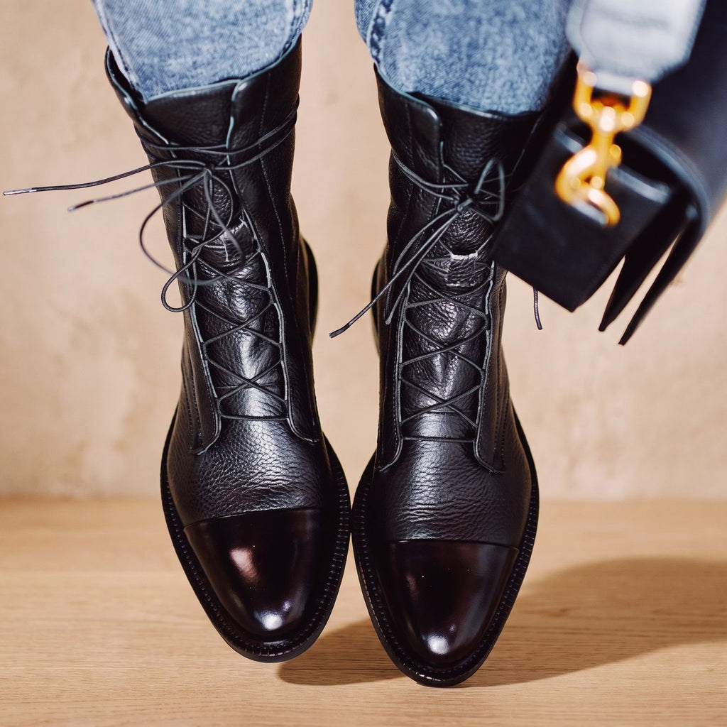 Women's Non-Slip Faux Leather Lace-Up Booties with Cap Toe