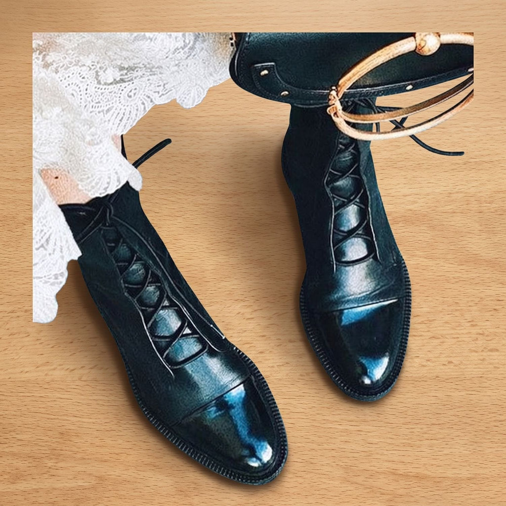 Women's Non-Slip Faux Leather Lace-Up Booties with Cap Toe