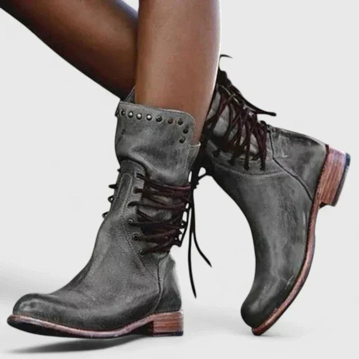 Women's Vintage Lace-Up Studded Knee High Boots Block Heel