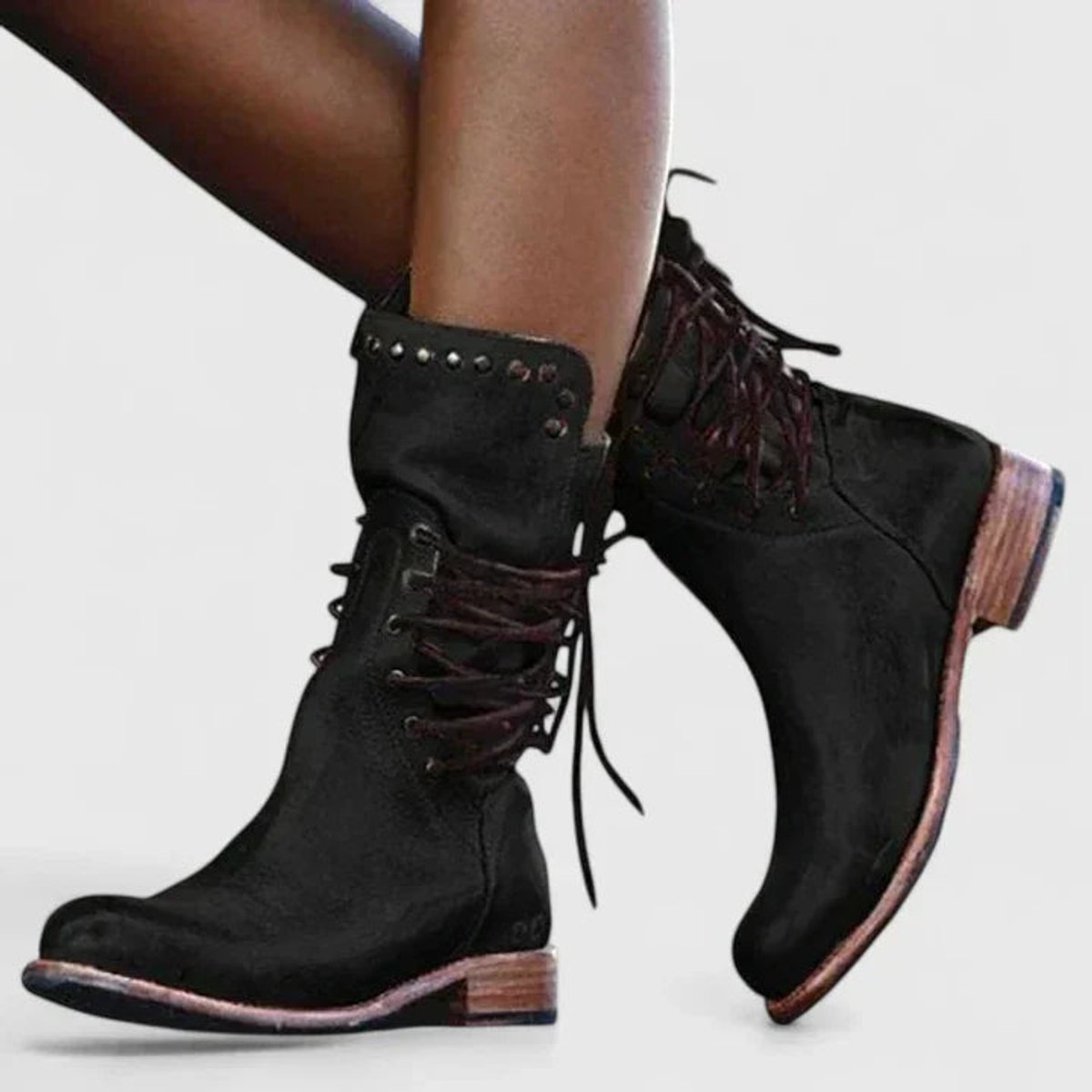 Women's Vintage Lace-Up Studded Knee High Boots Block Heel