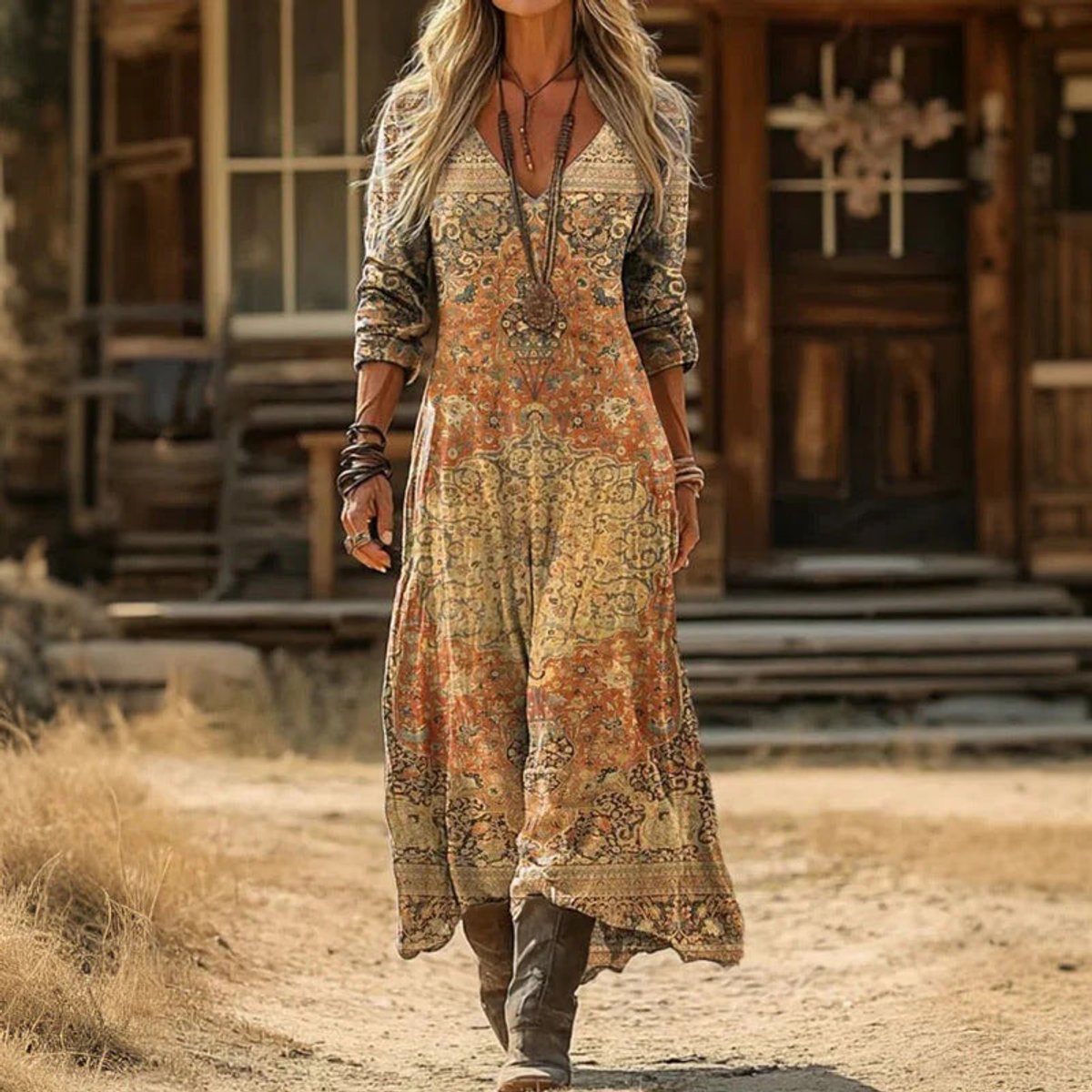 Women's Vintage-Print V-Neck Long Sleeve Dress Relaxed Maxi
