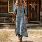 Women's Vintage-Print V-Neck Long Sleeve Dress Relaxed Maxi