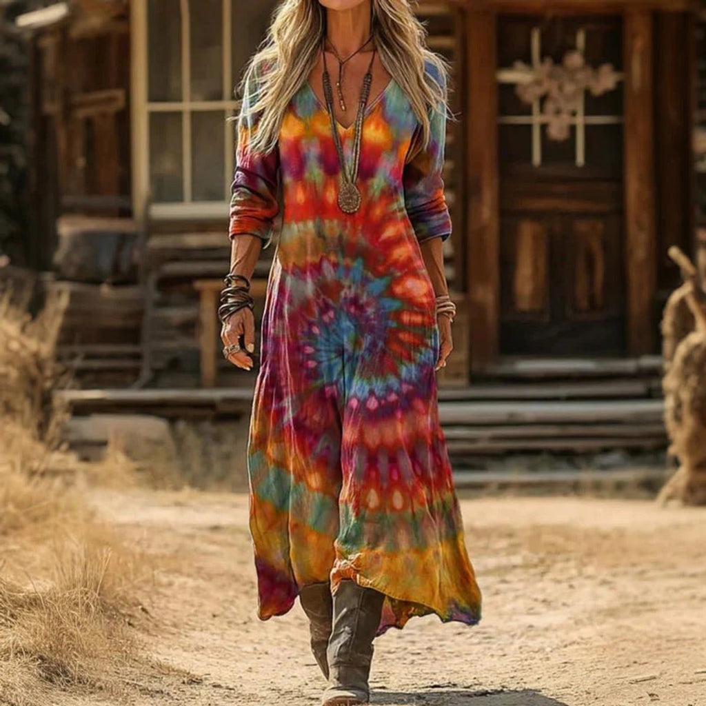 Women's Vintage-Print V-Neck Long Sleeve Dress Relaxed Maxi