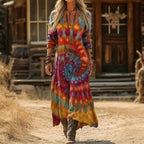 Women's Vintage-Print V-Neck Long Sleeve Dress Relaxed Maxi