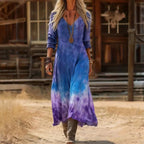Women's Vintage-Print V-Neck Long Sleeve Dress Relaxed Maxi