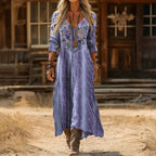Women's Vintage-Print V-Neck Long Sleeve Dress Relaxed Maxi