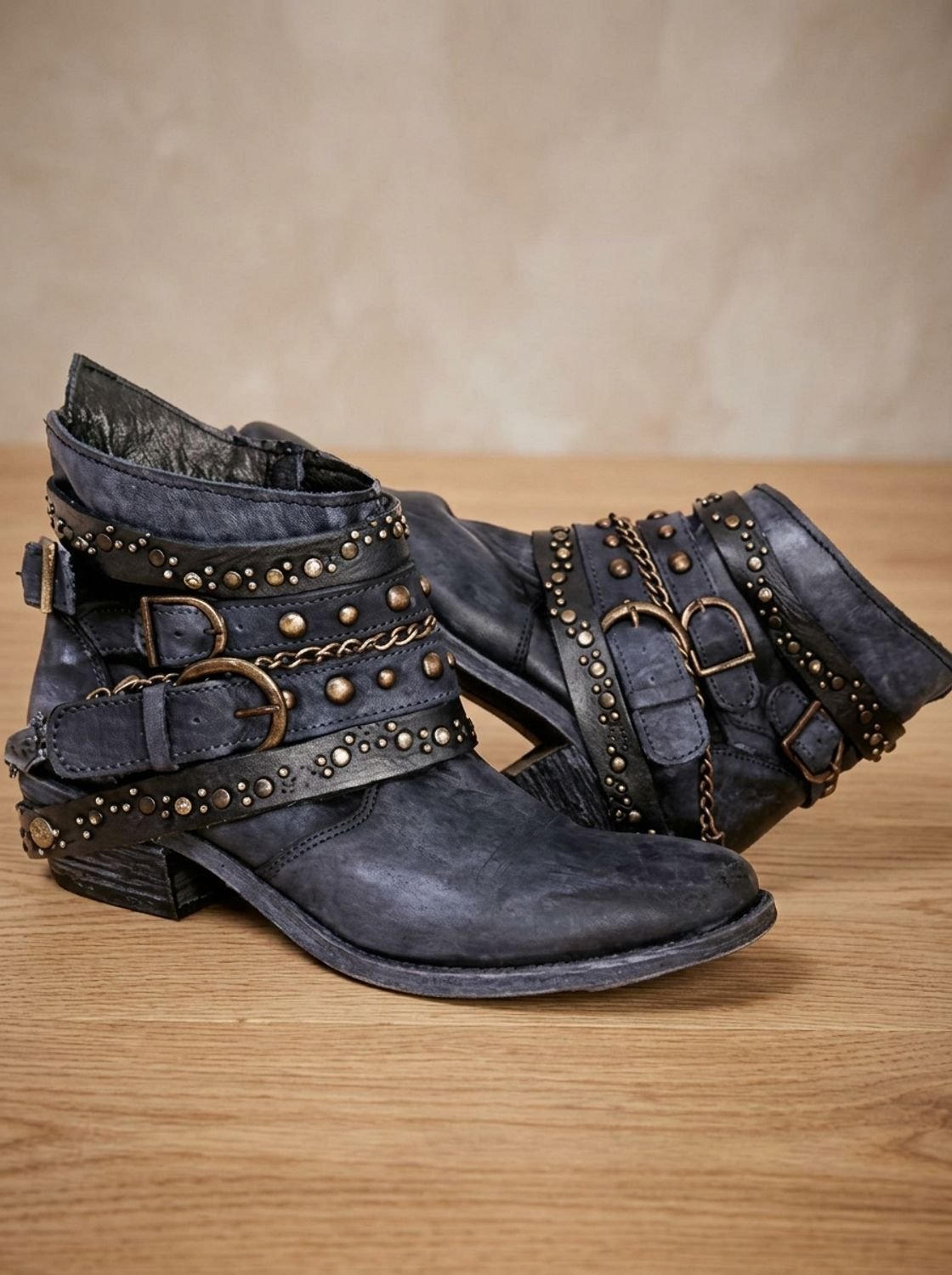 Women's Chain Accent Distressed Western Booties with Buckles