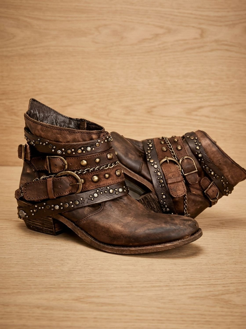 Women's Chain Accent Distressed Western Booties with Buckles