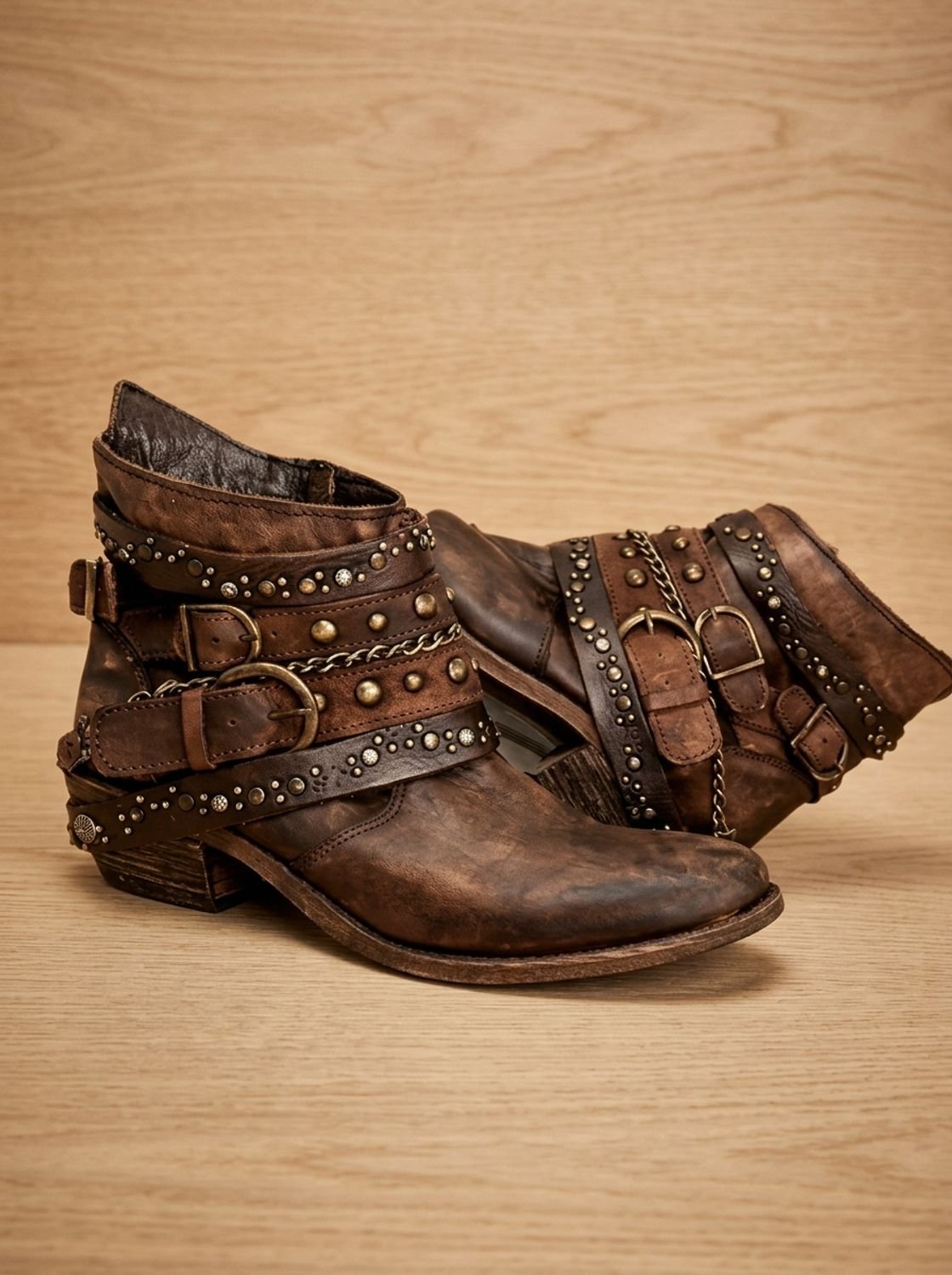 Women's Chain Accent Distressed Western Booties with Buckles