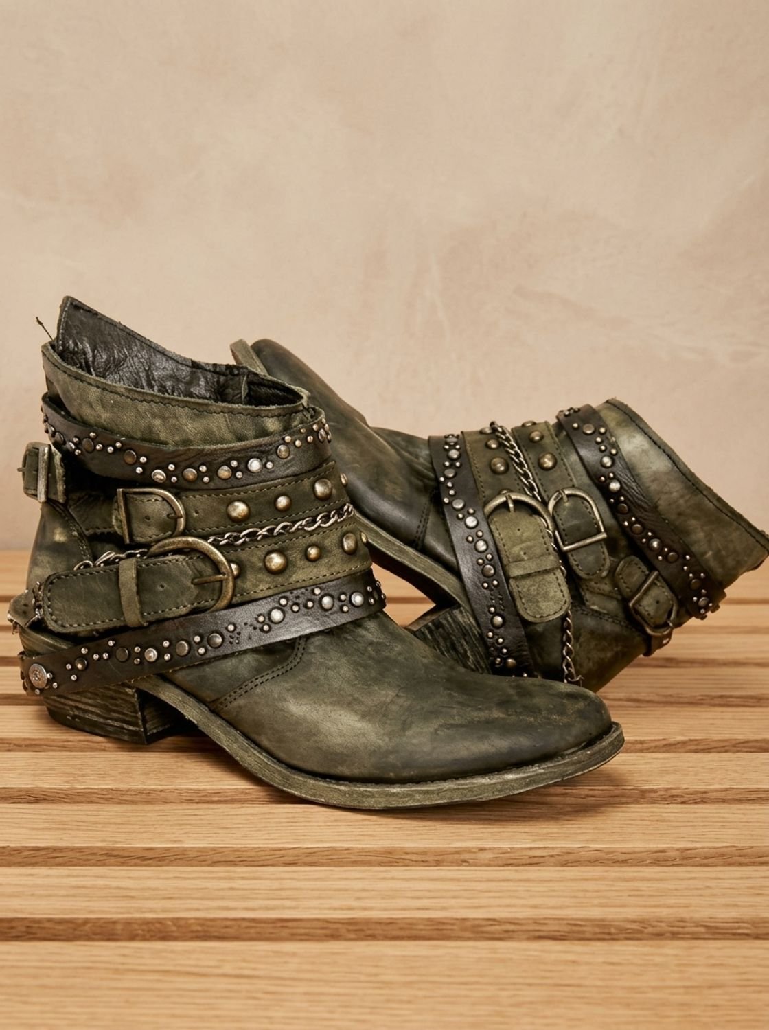 Women's Chain Accent Distressed Western Booties with Buckles - Green