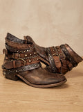 Women's Chain Accent Distressed Western Booties with Buckles - Brown