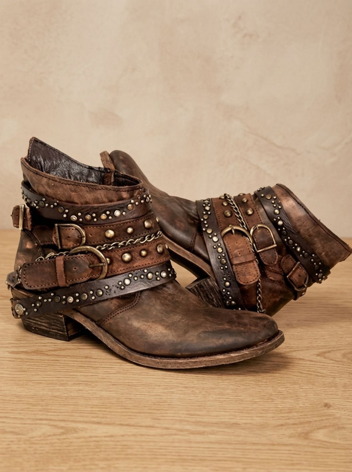 Women's Chain Accent Distressed Western Booties with Buckles - Brown