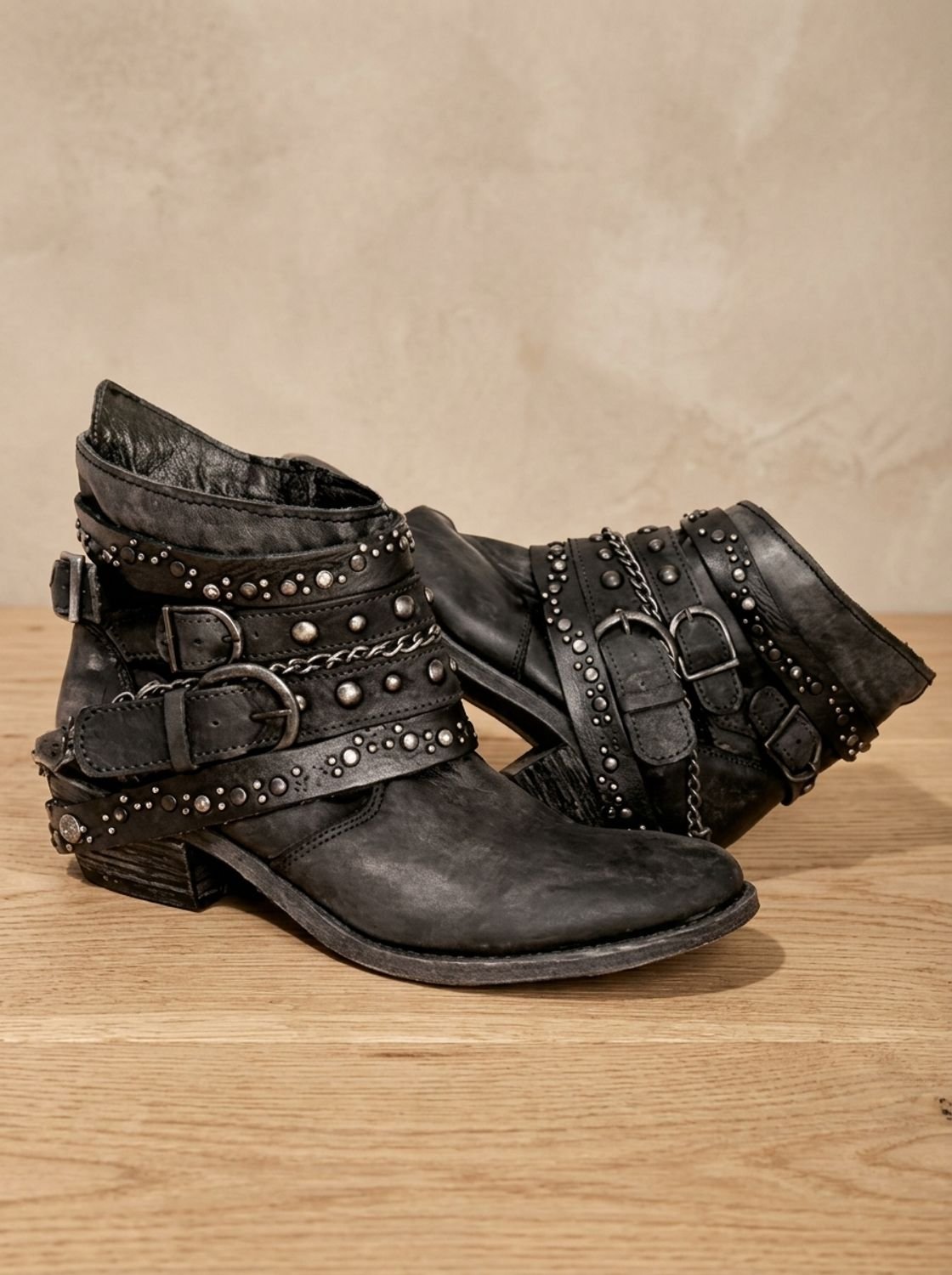 Women's Chain Accent Distressed Western Booties with Buckles - Black