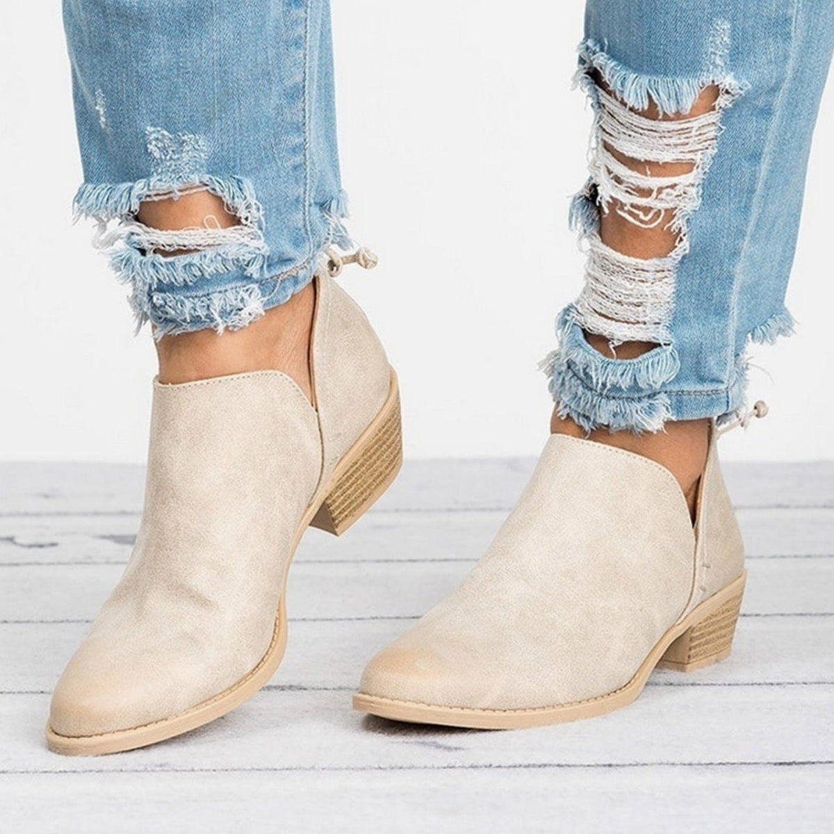 Women's Polished Stacked-Heel Stretch-Side Ankle Boots - Beige