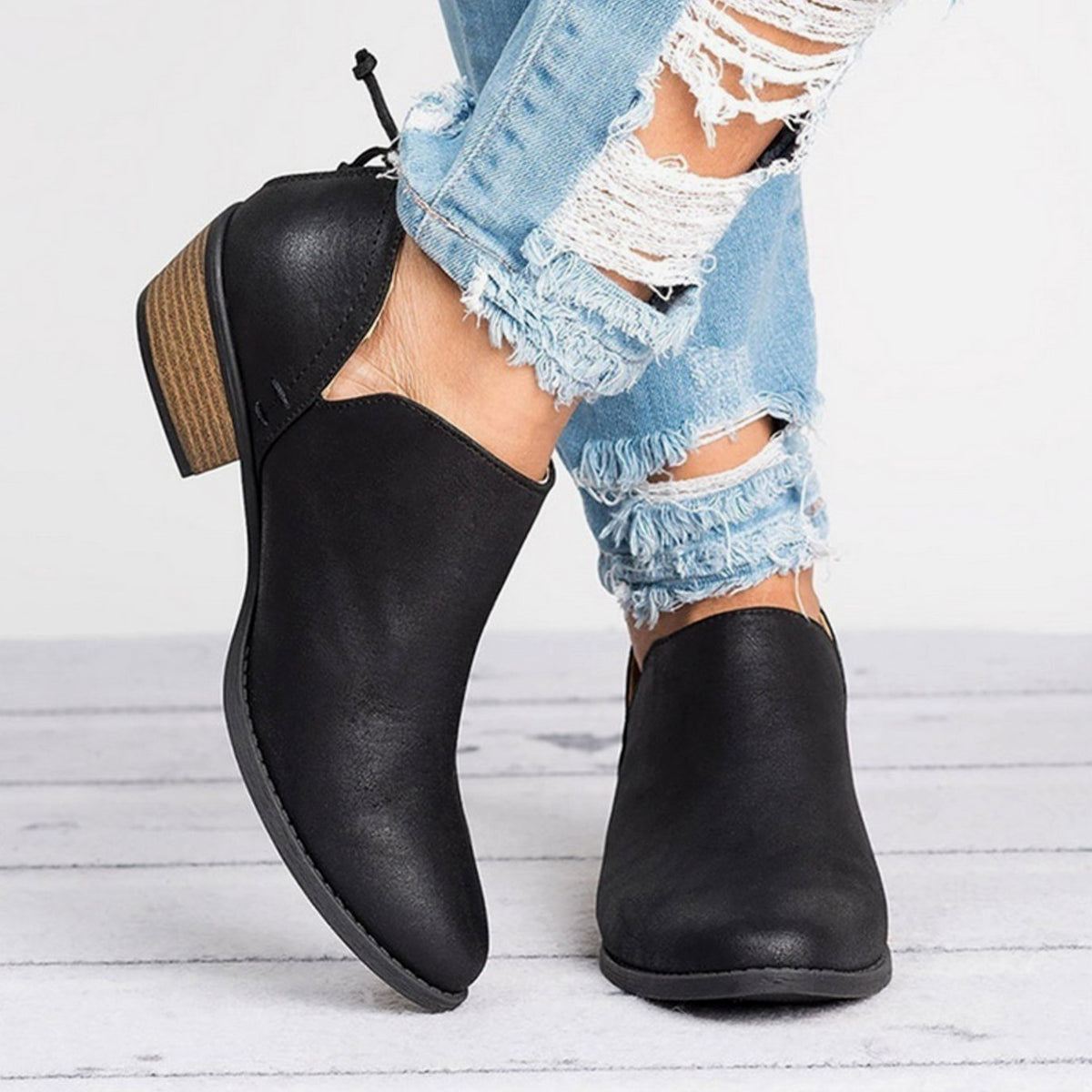 Women's Polished Stacked-Heel Stretch-Side Ankle Boots - Black
