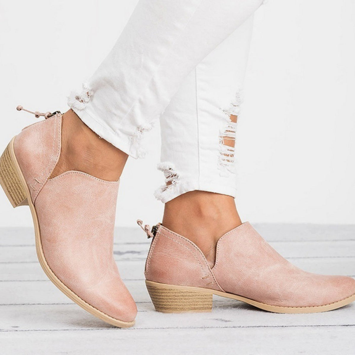 Women's Polished Stacked-Heel Stretch-Side Ankle Boots - Pink
