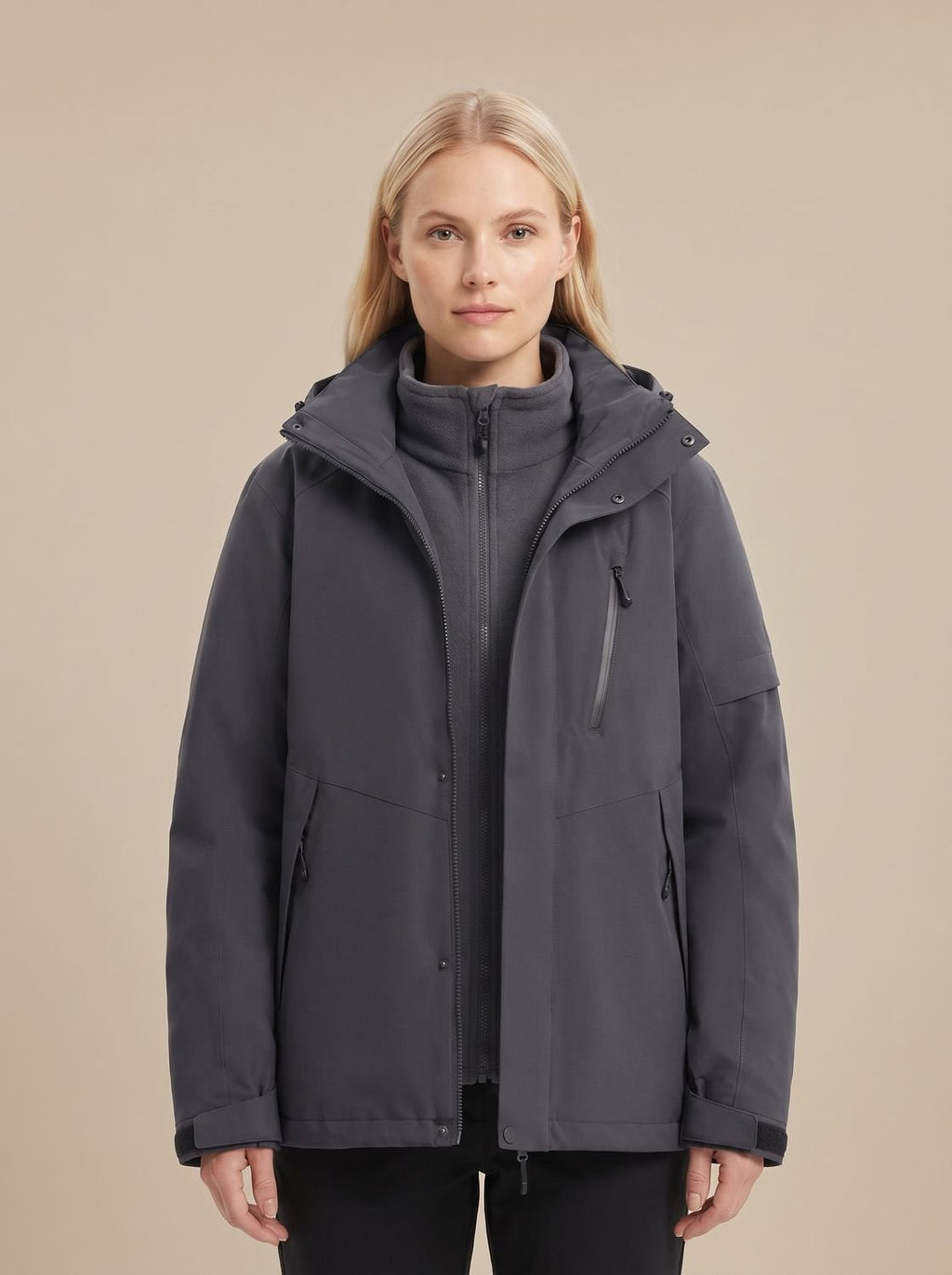 Women's Water-Repellent Straight Cut Jacket with Removable Hood - Black