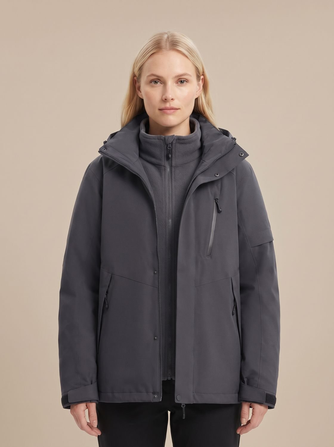 Women's Water-Repellent Straight Cut Jacket with Removable Hood - Black