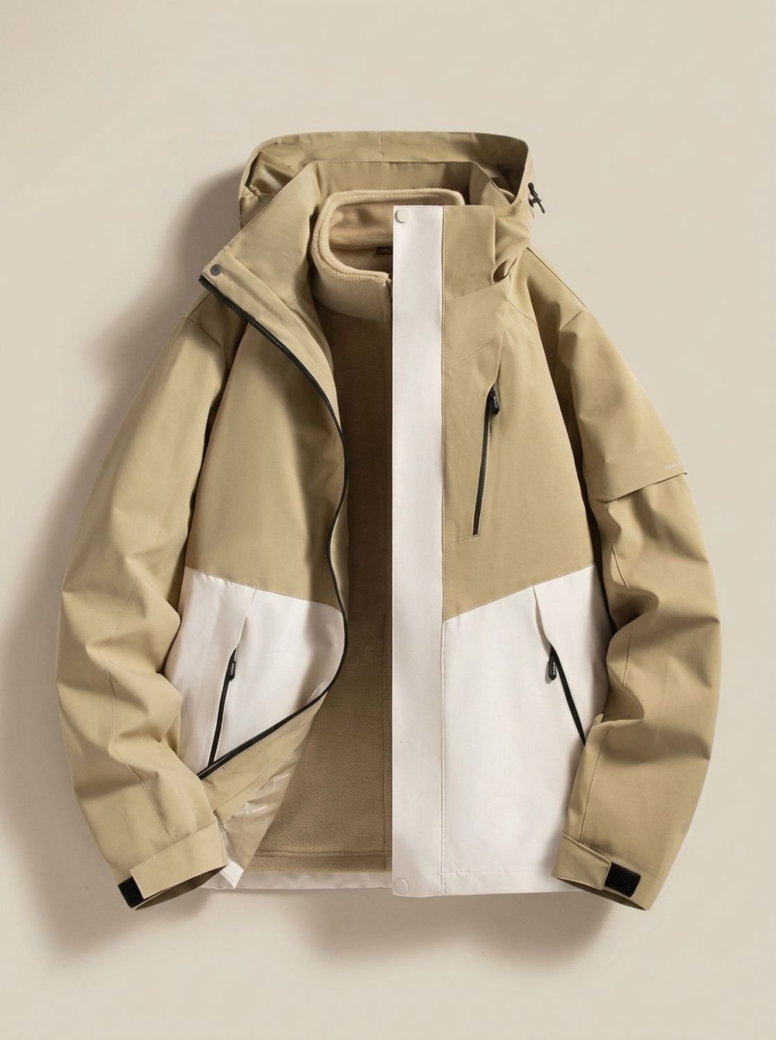 Women's Water-Repellent Straight Cut Jacket with Removable Hood - Beige