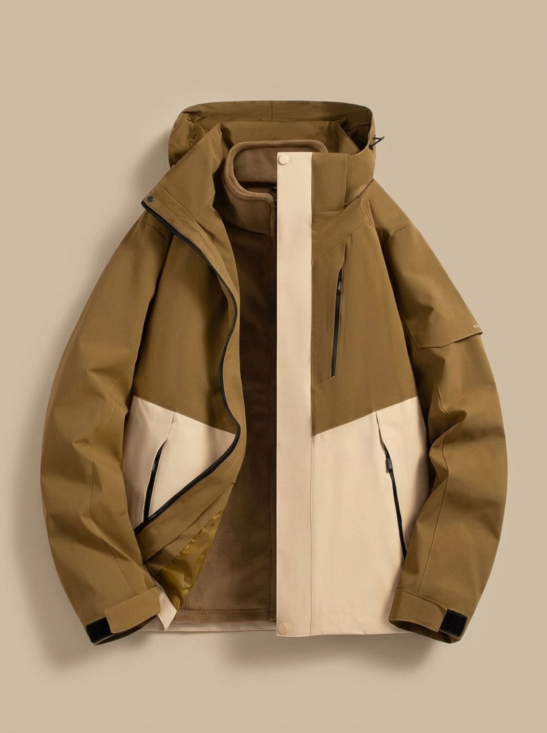 Women's Water-Repellent Straight Cut Jacket with Removable Hood - Brown