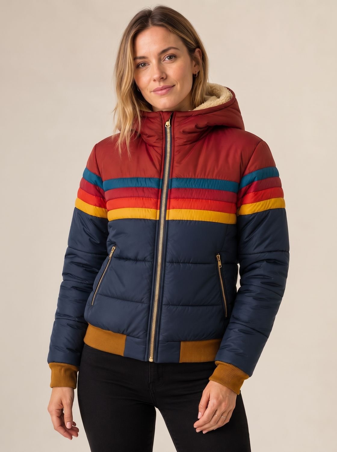 Women's Rainbow Stripe Waterproof Hooded Winter Puffer - Navy