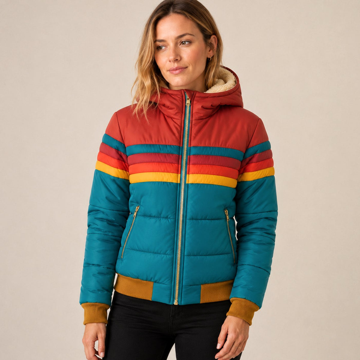 Women's Rainbow Stripe Waterproof Hooded Winter Puffer - Blue