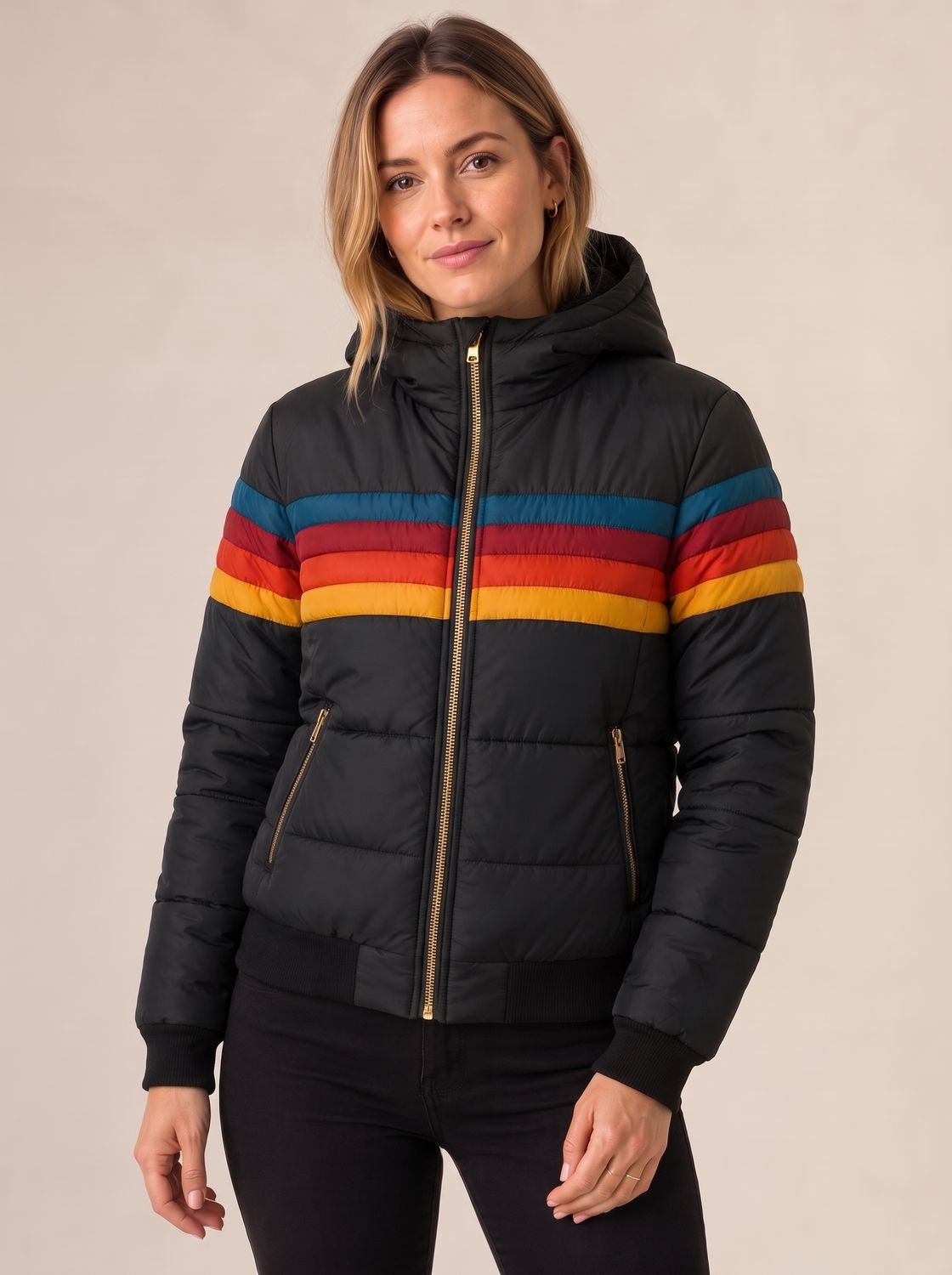 Women's Rainbow Stripe Waterproof Hooded Winter Puffer - Black