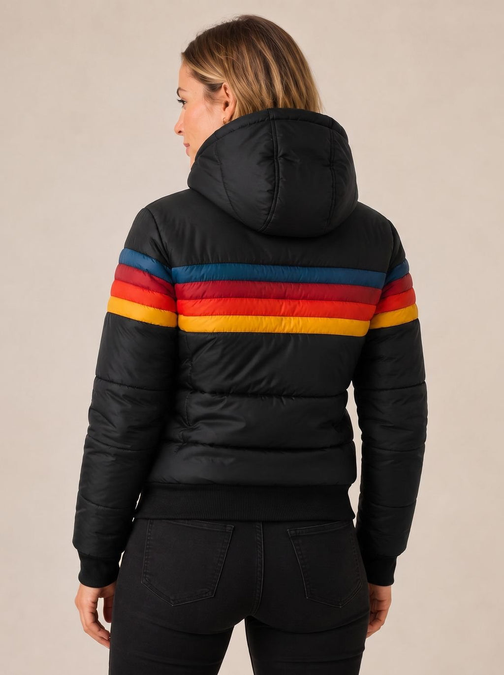 Women's Rainbow Stripe Waterproof Hooded Winter Puffer