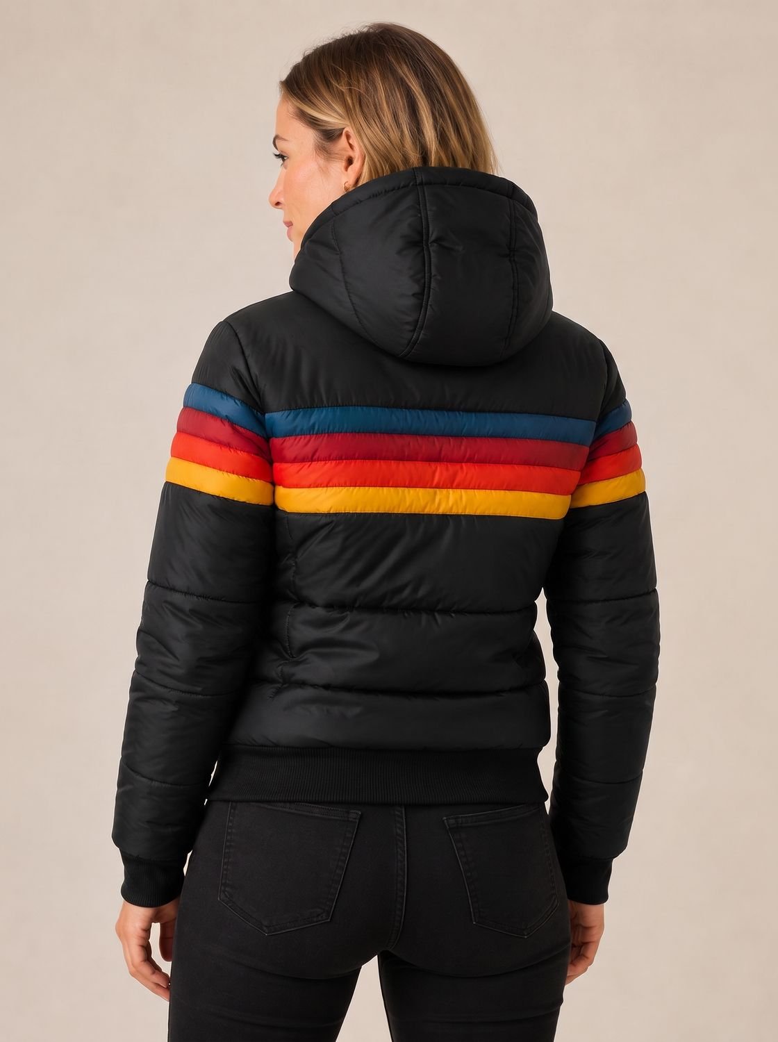 Women's Rainbow Stripe Waterproof Hooded Winter Puffer