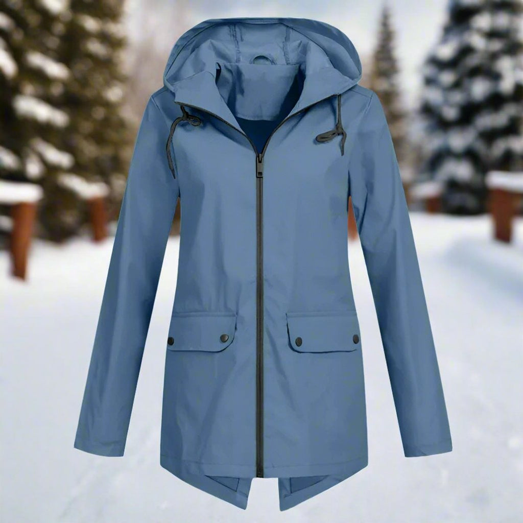 Women's Waterproof Hooded Rain Jacket Zip-Up Longline