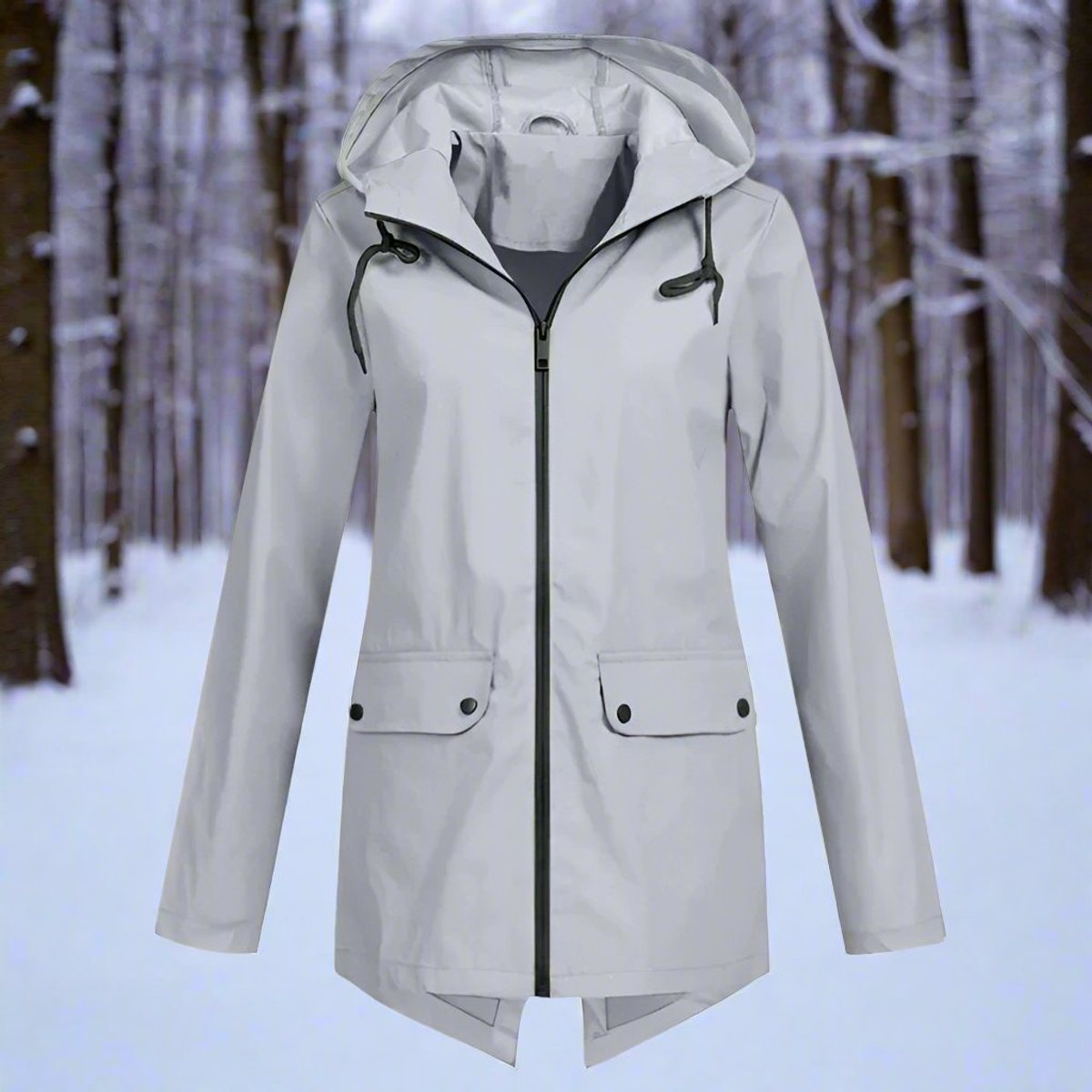 Women's Waterproof Hooded Rain Jacket Zip-Up Longline