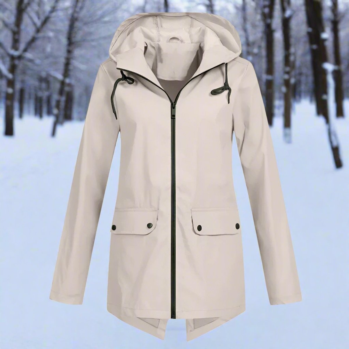 Women's Waterproof Hooded Rain Jacket Zip-Up Longline